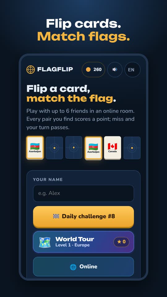 FlagFlip-Startbildschirm mit Tagesaufgabe und Weltreise